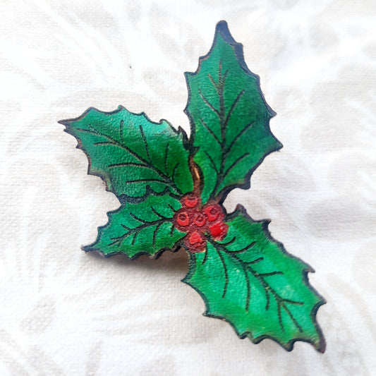 Holly Leaves and Berries Nature Art Winter Leather Pin